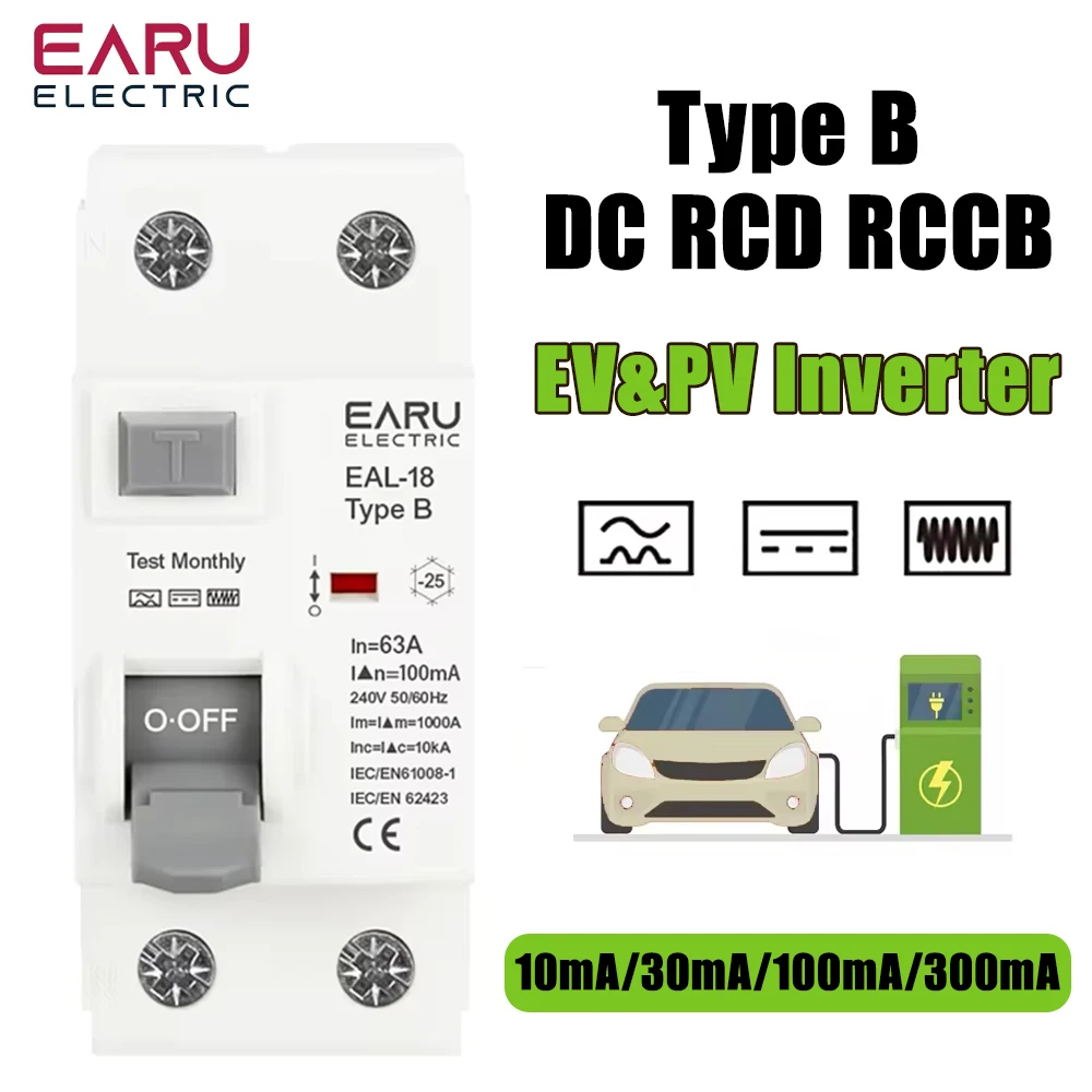 

EARUELECTRIC RCCB тип B остаточный ток 10/30/100/300 мА для электромобилей
