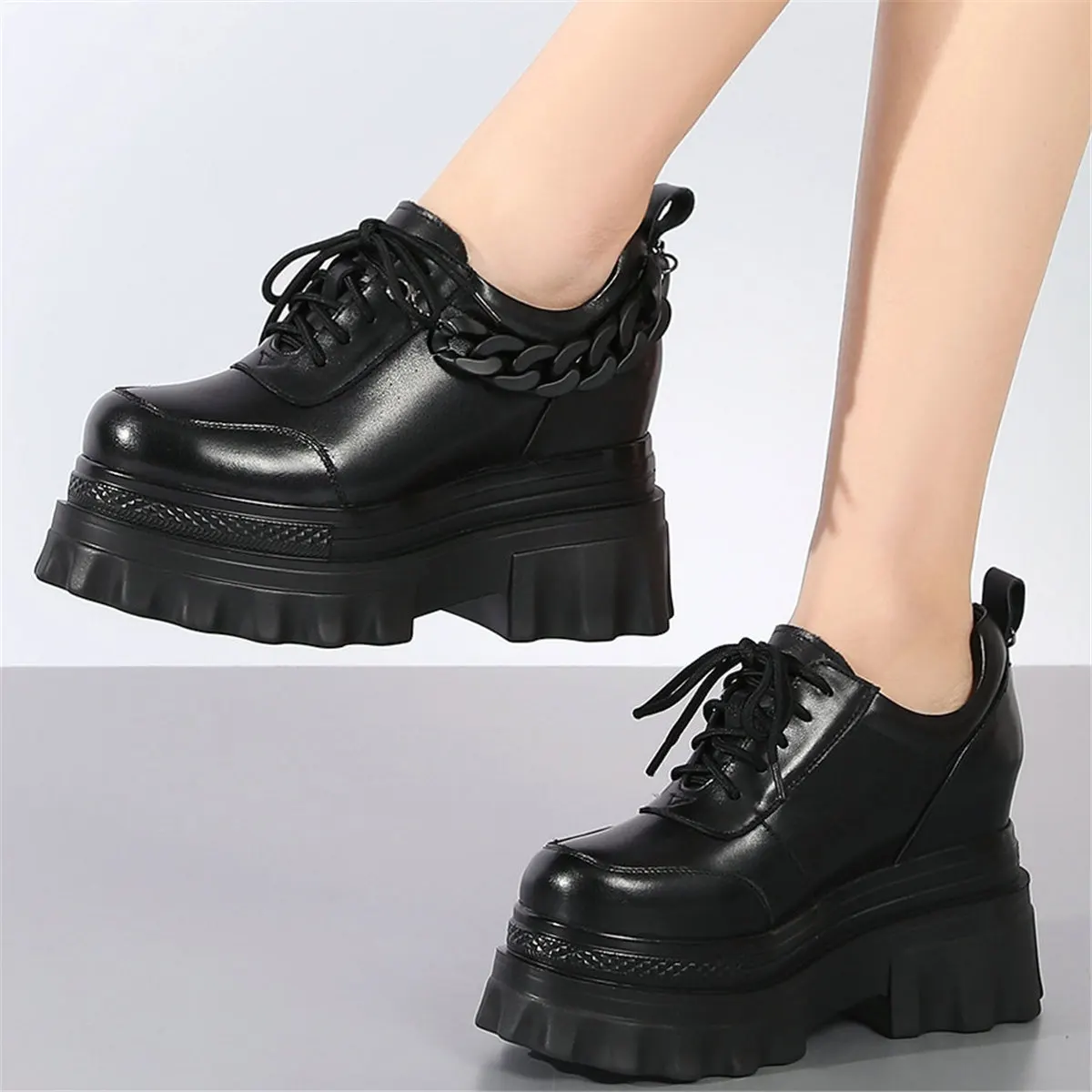 2022 Fashion Sneakers Women Lace Up Genuine Leather High Heel Ankle Boots Female Round Toe Chunky Platform Pumps Casual Shoes