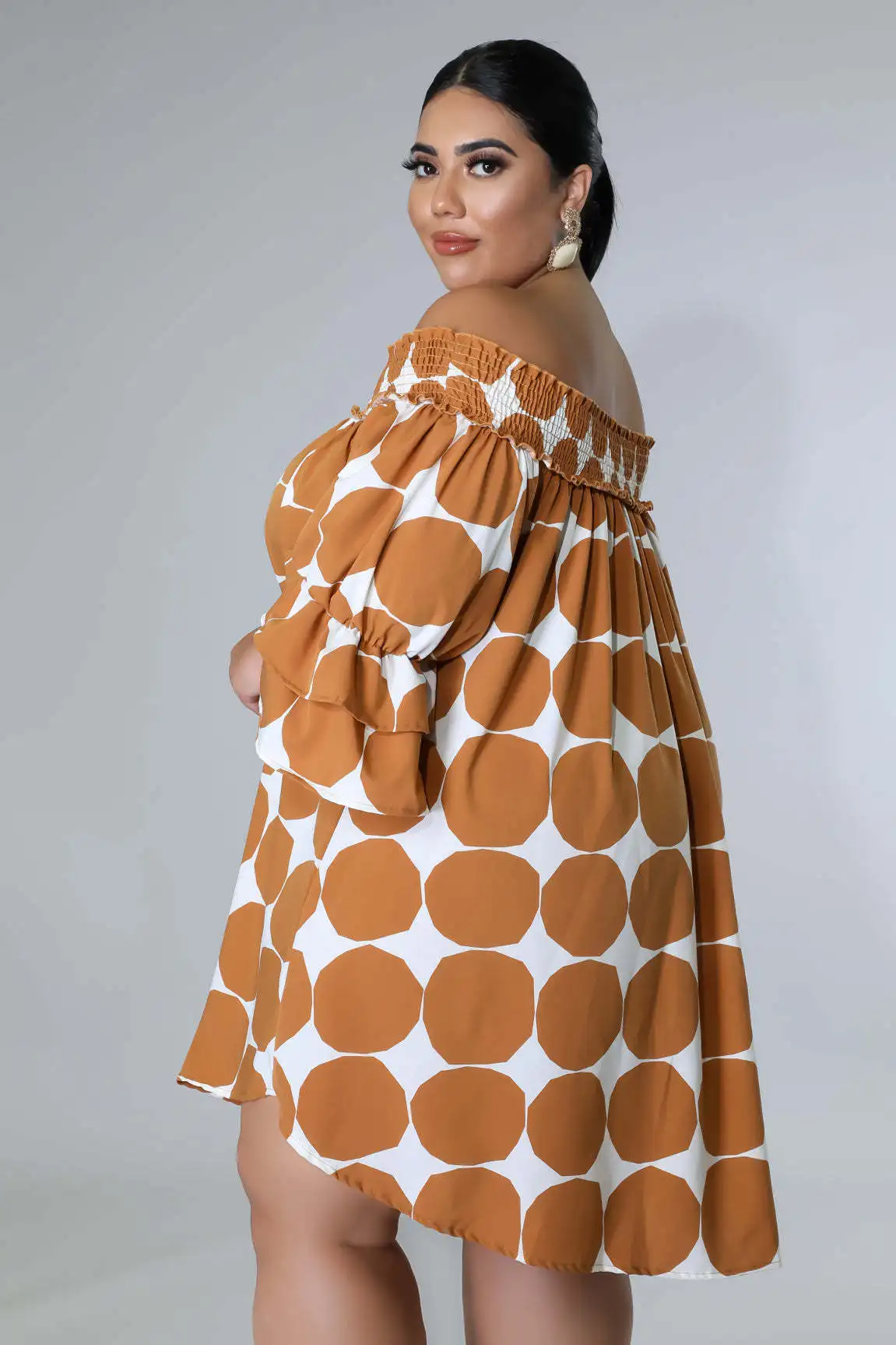 Plus Size Dresses Dot Slash Neck Mini Skirt Casual  Above Knee Mini Flare Sleeve Party Dresses Dresses for Women 2022 All Season