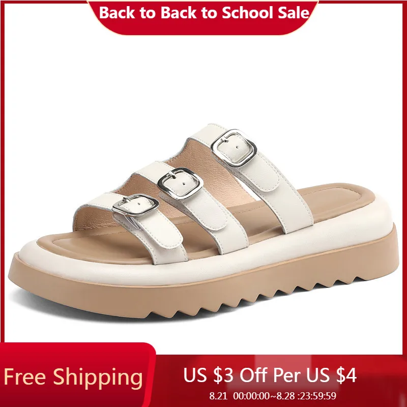 

【ENMAYER】Shoes WOMEN New Genuine Leather Flat Shoes Women 2023 Ladies Summer Modern Shoes Buckle Casual Platform Slippers