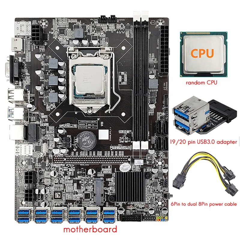 B75 12 GPU BTC Mining Motherboard+CPU+Power Cable+USB3.0 Adapter 12X USB3.0 To PCIE Slot LGA1155 DDR3 SATA3.0 ETH Miner