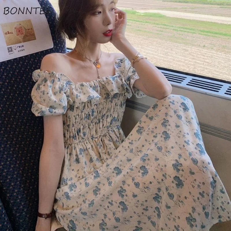 

Платье с рукавами-фонариками Женская корейская мода новый дизайн Повседневный квадратный воротник Лето Милая женская универсальная Ins