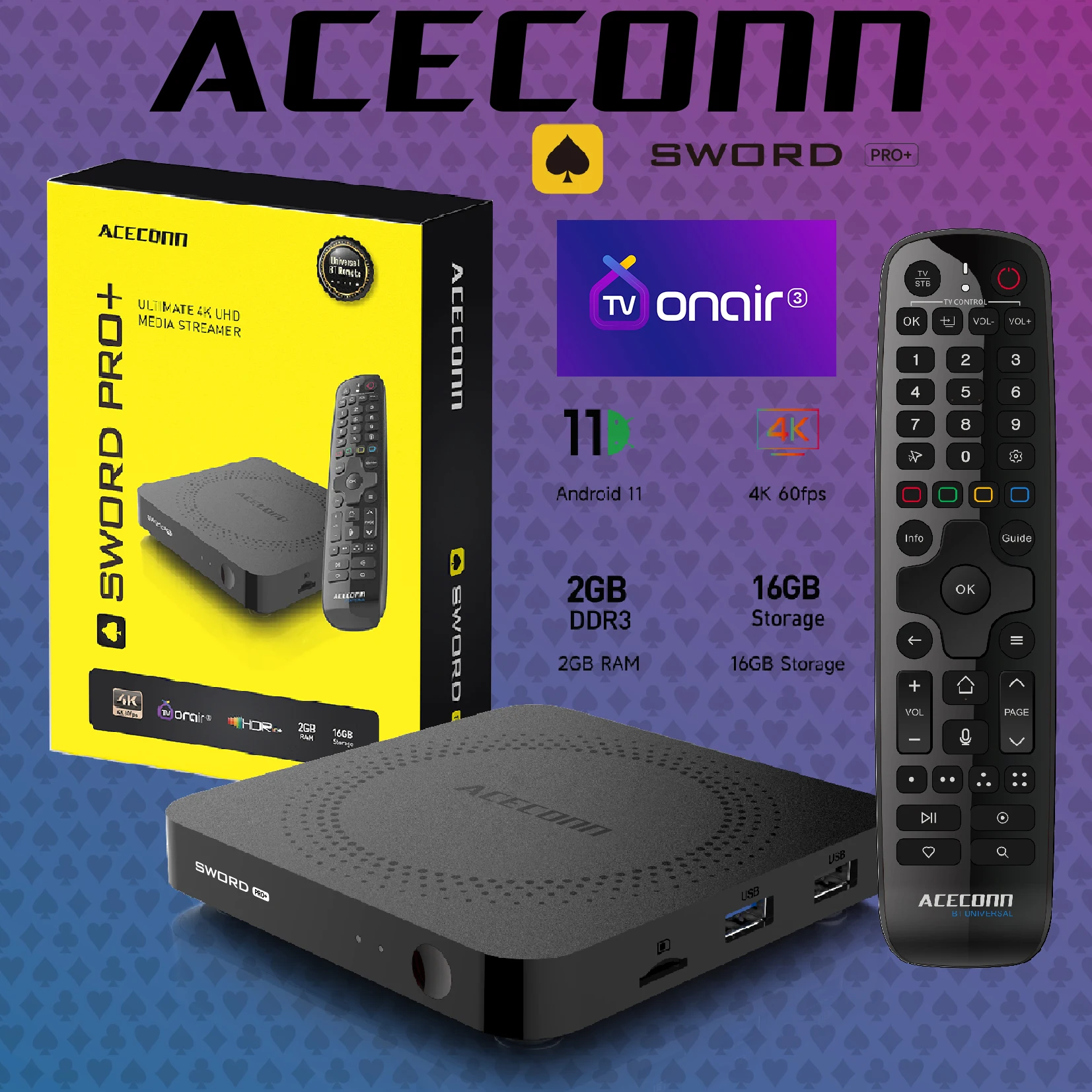 Фото ТВ-приставка TVONAIR3 ACECONN 4K Sword Series для потоковой передачи контента на Android, IPTV, 2 ГБ ОЗУ, 16 ГБ ПЗУ №1