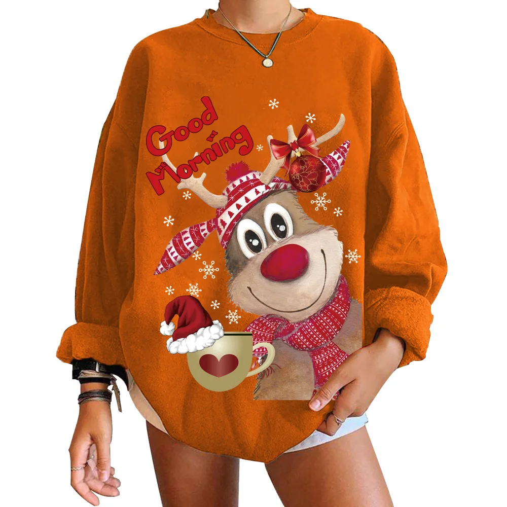 

Christmas Women Outfit Women's Clothing Christmas Deer Printed Sweatshirts Casual Long Sleeve O-Neck Pullover Tops Tee vintage