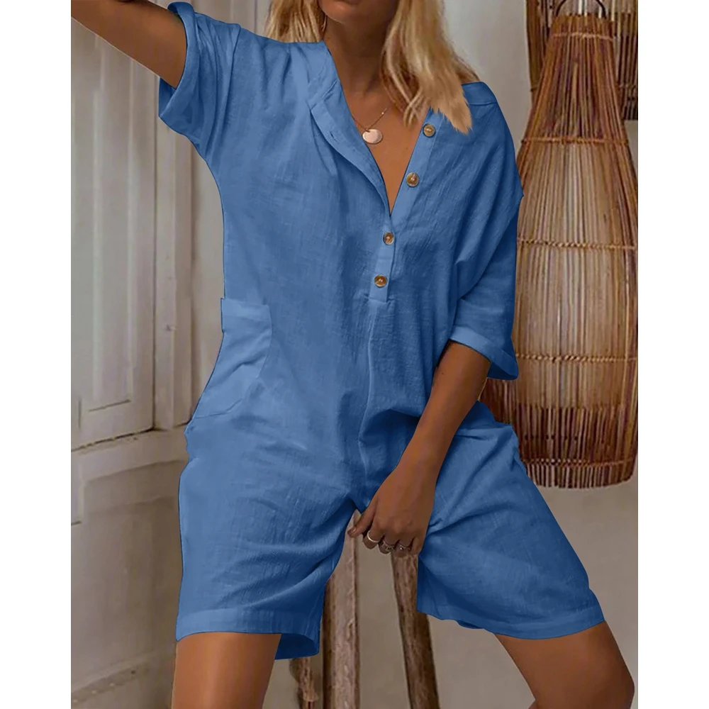 2023 Summer Women Casual Solid Buttoned Pocket Design Short Sleeve Romper O-Neck Bodysuits Overalls Sexy Outfit y2k Clothes