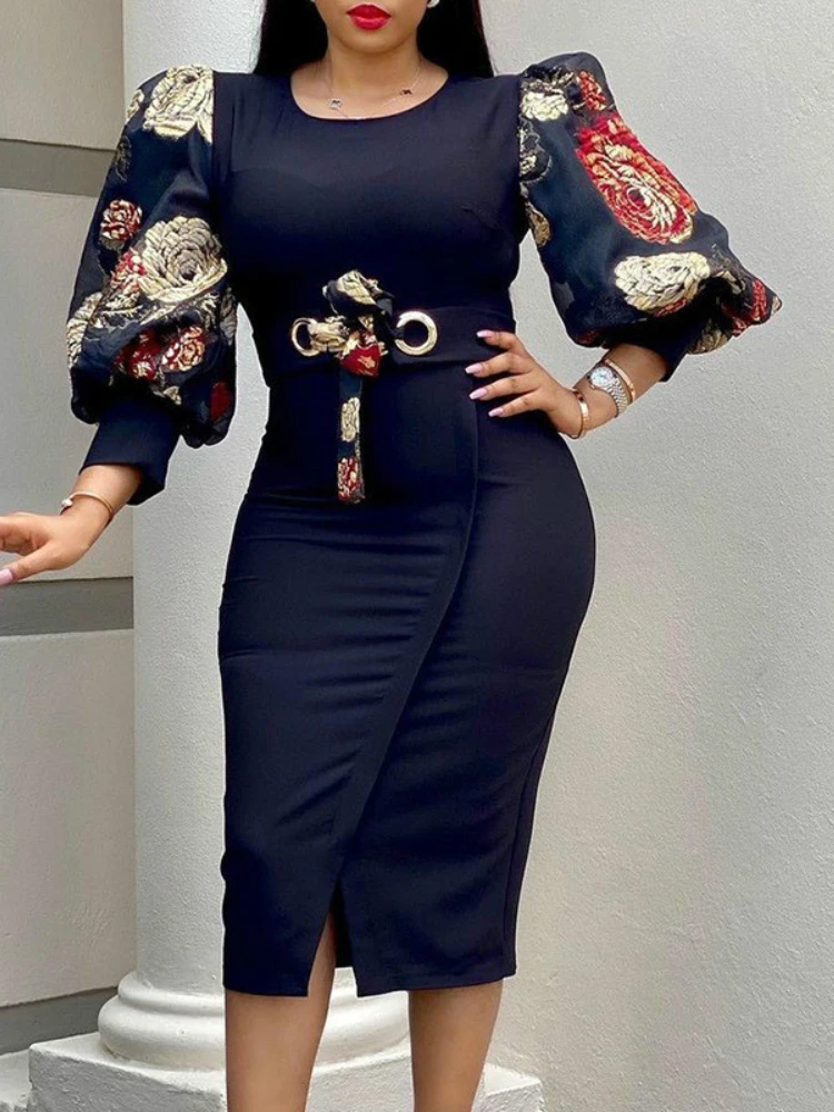 

Women Elegant Bodycon Dresses O Neck Three Quater Sleeves High Waist Office Ladies Work Wear Package Hip African Fashion Spring