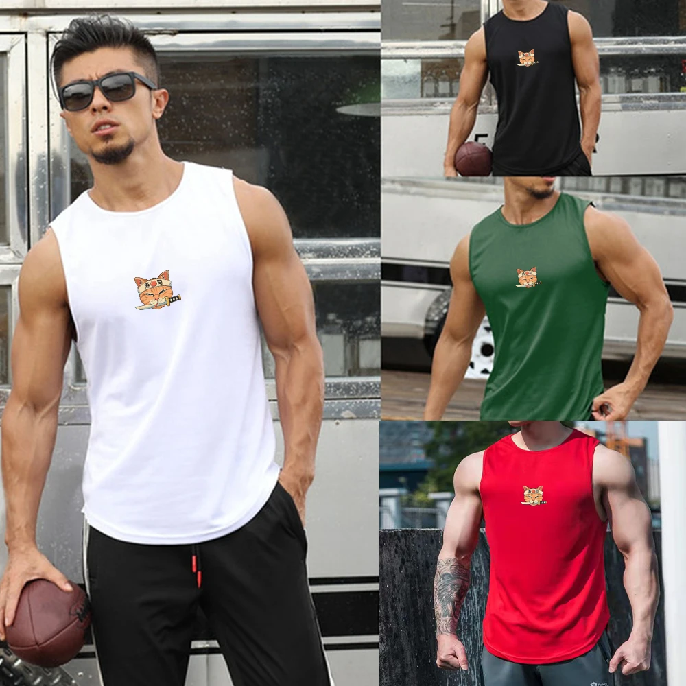 

NO04 Gym Mens Samurai Cat Tank Top Training Singlets Workout ClothFitness Breathable Sleeveless Brand Quick-drying Vest T-shirt