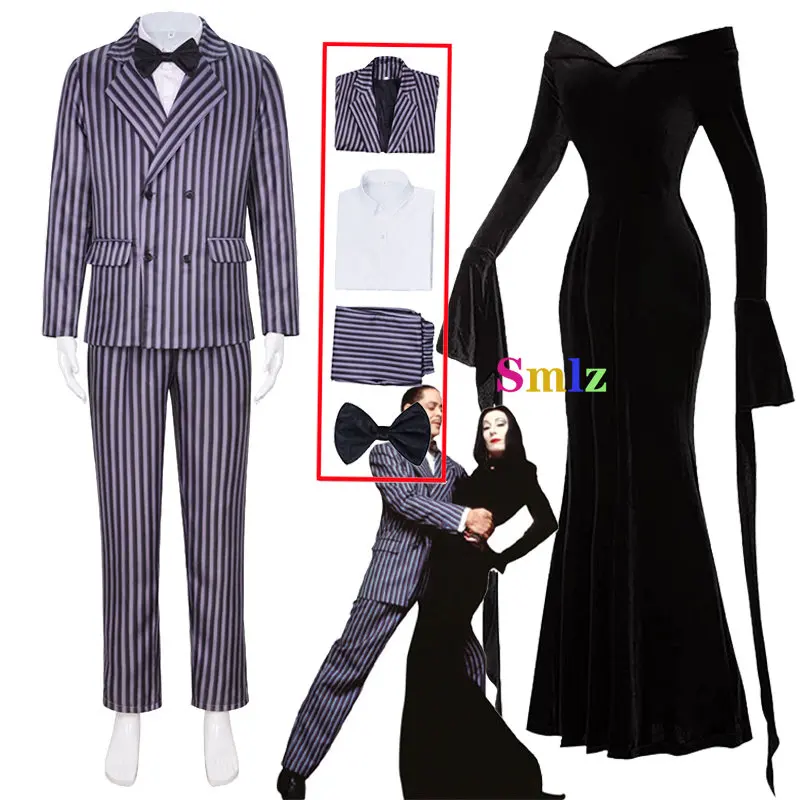 

Gomez Addams Cosplay Anime Morticia Costume Dress Halloween Carnival Outfit Adult Kid Coat Shirt Pant Tie Suit Party Uniform