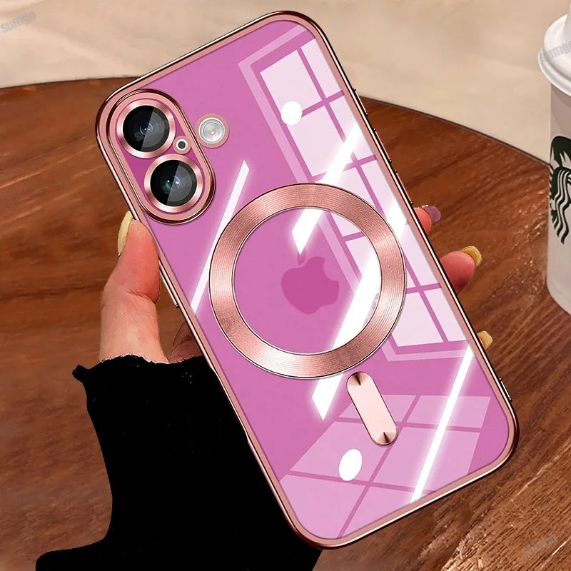 Fashion 16 Series Crystal Pink Phone Case For iPhone 15 14 13 12 11 Pro Max Plus Magnetic Magsafe Transparent Hard Cover