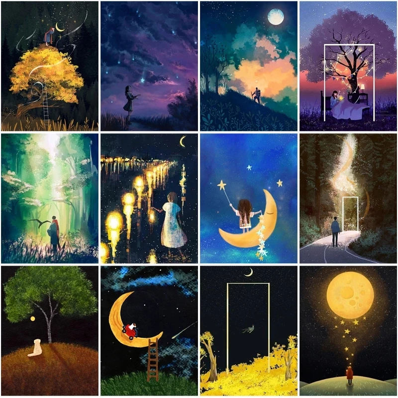 Алмазная живопись мультфильм ночная сцена луна сделай сам полная мозаика