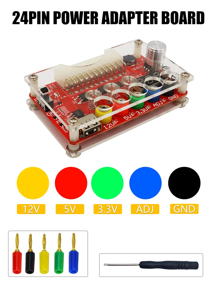 

24 Pin ATX Power Supply Breakout Board Power Connector Acrylic Case Kit Module Adapter Support 3.3V/5V/12V 1.8V-10.8V (ADJ)