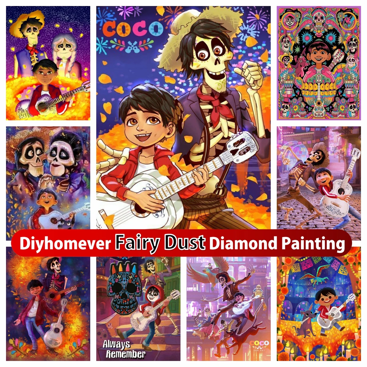 

Disney Coco Movie Fairy Dust Diamond Painting Art Day Of The Dead Miguel Rivera Dream Cross Stitch Mosaic Handwork Home Decor