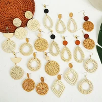 trendy handmade wooden rattan knit earrings for women ethnic boho hollow round big geometric vine drop rattan earring