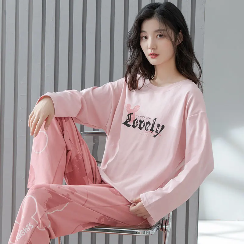 Cotton Pajama Set Women Long Sleeve Pants Pyjama Cute Korean Sleepwear Female Soft Loose Autumn Winter Pajamas Home Clothes Suit