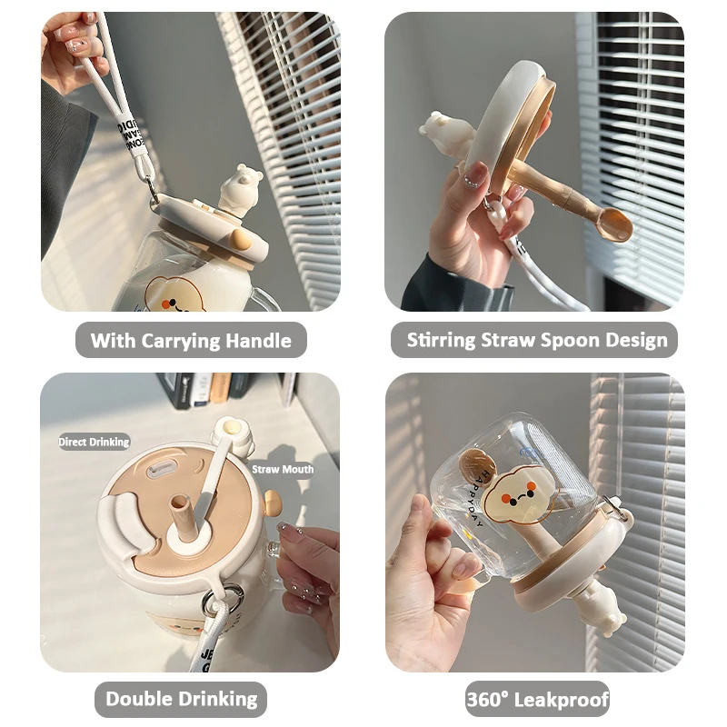 Стеклянная чашка для воды с ручкой и милым медведем 700 мл