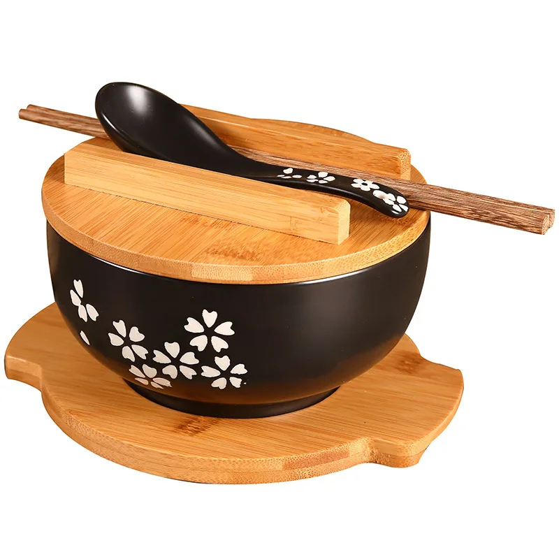 

Japanese Style Rice Noodle Bowl with Lid Spoon and Chopstick Kitchen Tableware Ceramic Salad Soup Bowl Food Container Dinnerware