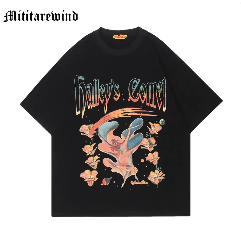 

Oversize Unisex Short Sleeve Shirt Summer Aemrican High Street Dancer Flowers Vintage T-shirt Casual Y2k O-Neck Streetwear Tees