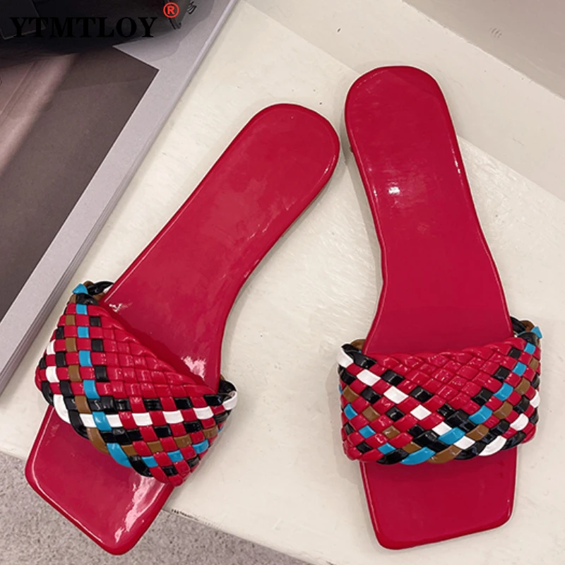 

Slippers Women Summer Square Toe Casual Flat Ladies Multicolor Slides Female Weave Flip Flops Women's Home Shoes Plus Size