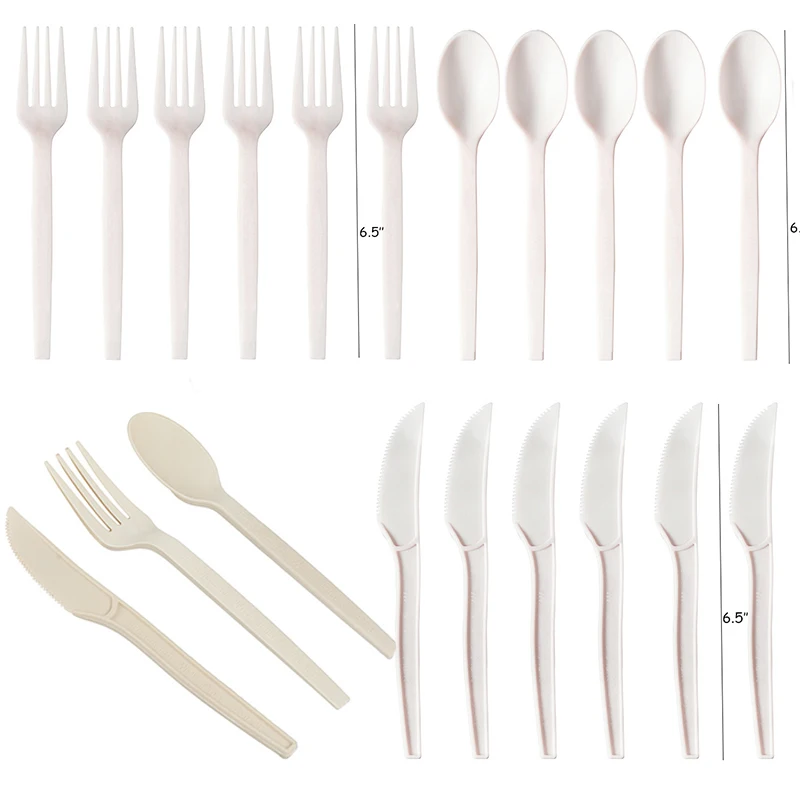 

10PCS/Lot Compostable Forks Spoons Knives Cutlery Combo Set Large Disposable Utensils Eco Friendly Durable Tray Forks Spoons