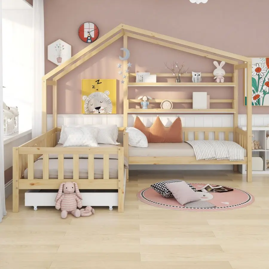 

Кроватка с ящиками и отделочными полками, детская кровать для спальни, двойная Одиночная решетчатая рама, (90x200 см + 140x70 см)