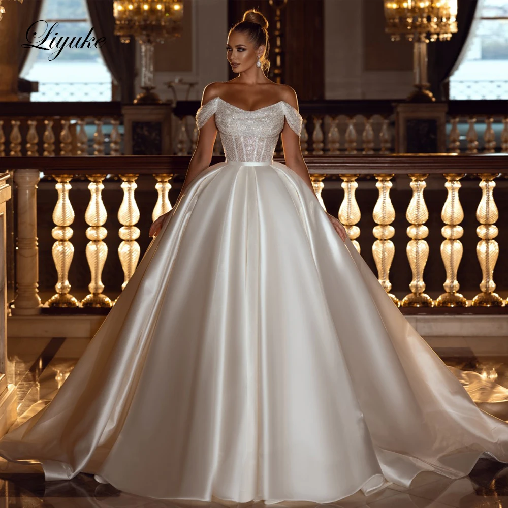 

Liyuke Elegant Off Shoulder Princess Wedding Dress Luxury Stunning Satin Beading Lace Bridal Gowns Vestido De Noiva