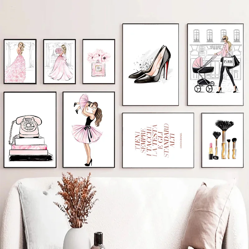 

Модный плакат с розовыми цветами, книга с духами, платье на высоком каблуке, печатная Картина на холсте, модный макияж, Женская Настенная кар...