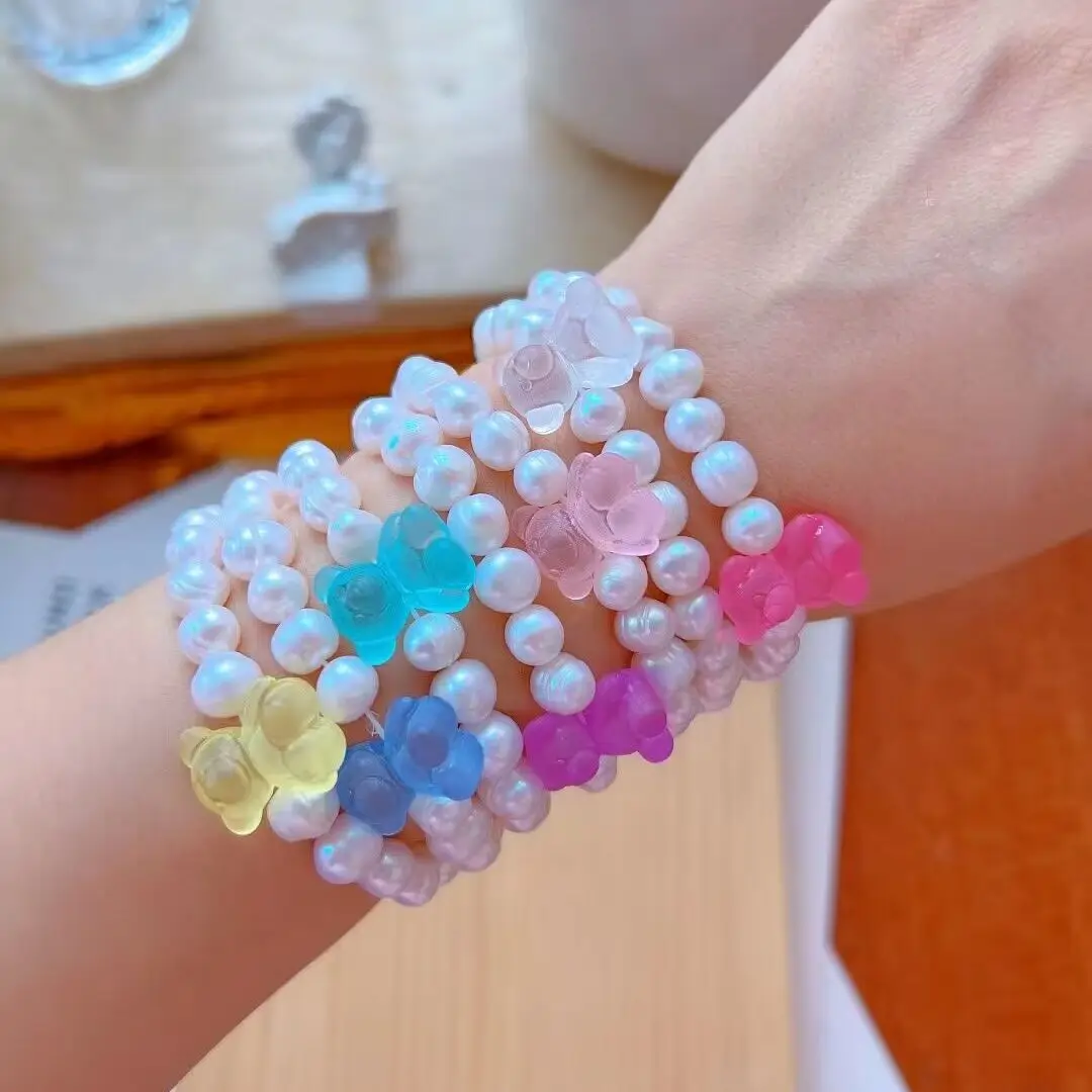 

8Pcs Colorful Acrylic Bear Bracelet for Women Teen Girl Handmade Freshwater Pearl Beaded Chain Bracelet Elastic Jewelry Gift