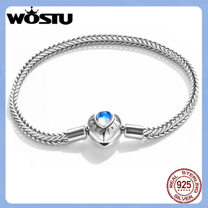 

WOSTU Silver Bracelet 100% 925 Sterling Silver Simple Heart Moonstone Basic Bracelet Bangle for Women Fashion Jewelry Gift