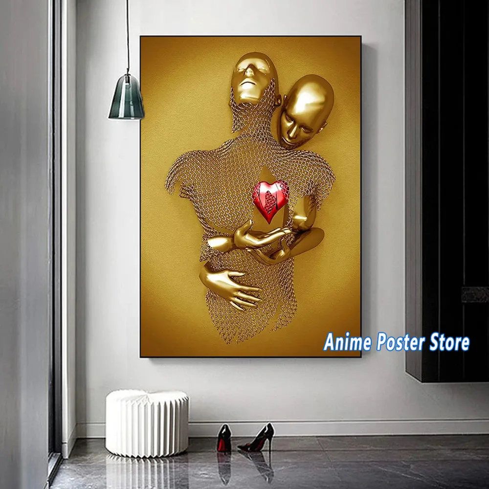 

Abstract Gold Metal Figure Statue Canvas Painting Romantic Lover Sculpture Poster Print Wall Art Picture Room Home Decor Cuadros