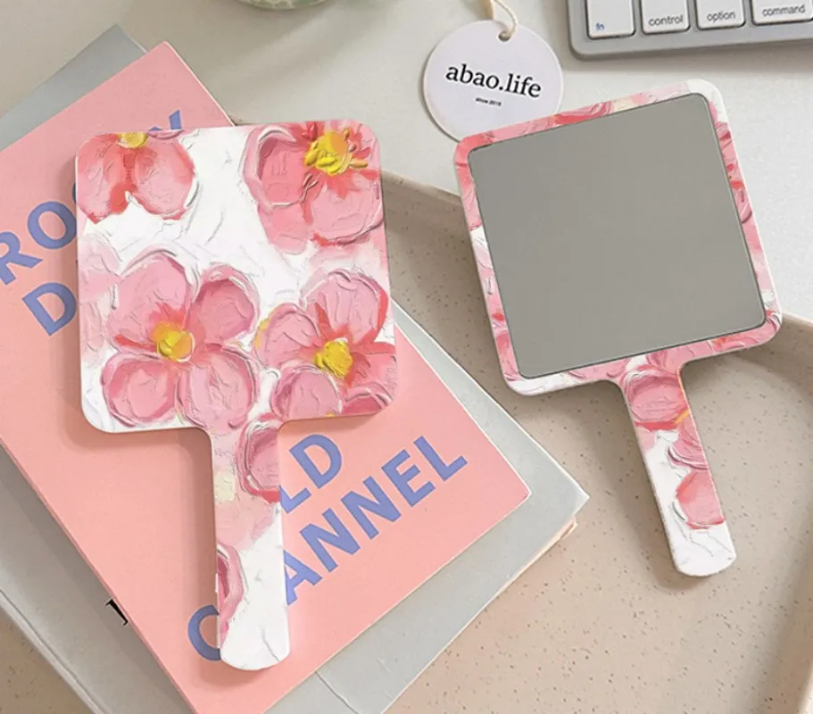 

Portable Square Makeup Mirror Compact Handheld Mirror Carry-On Mirror With Handle Ins Style Flower Printed Pattern Small Mirror