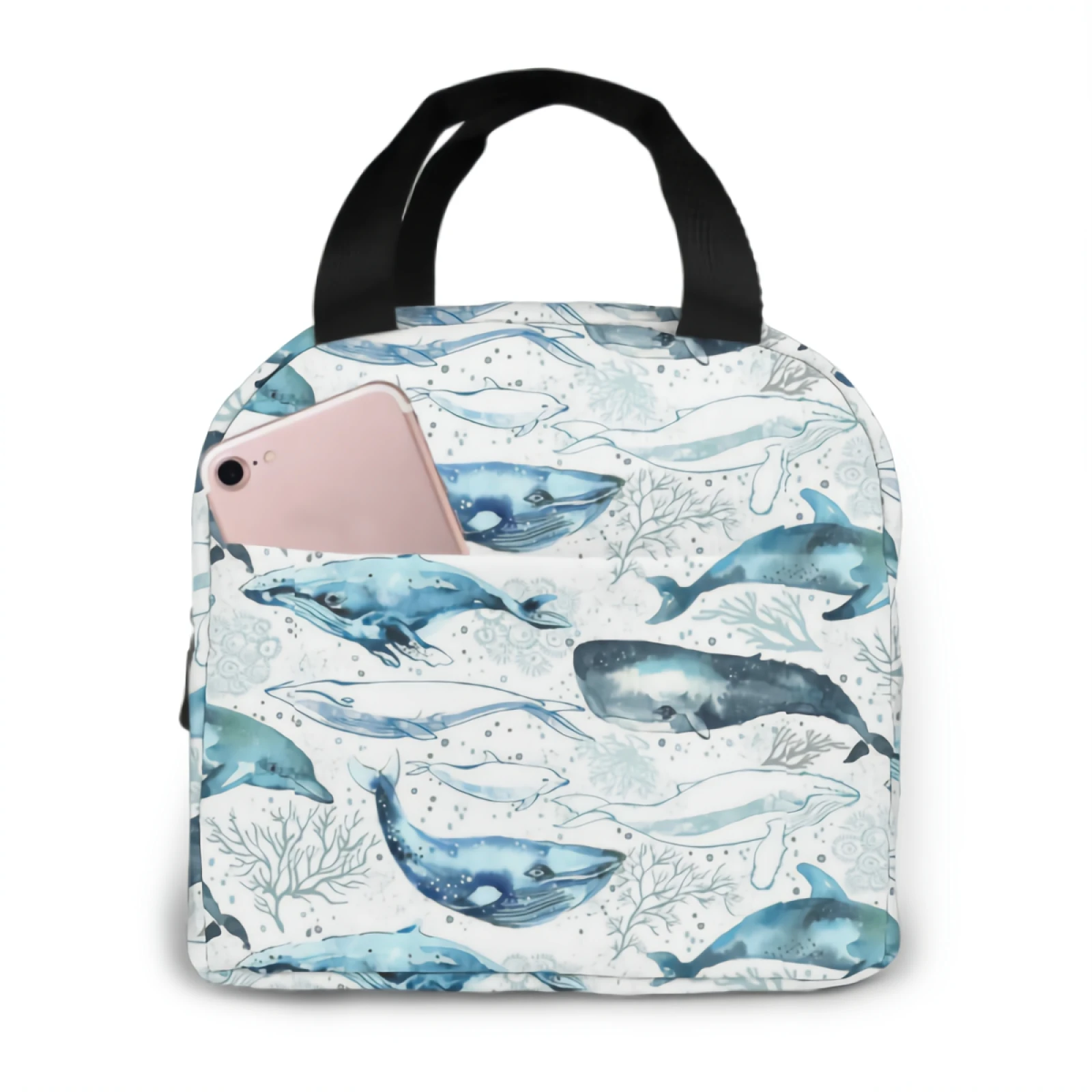 

Watercolor Blue Whale Monochrome With Rcoral Insulated Lunch Bag lunch box containers for Women Shopping Office School Picnic