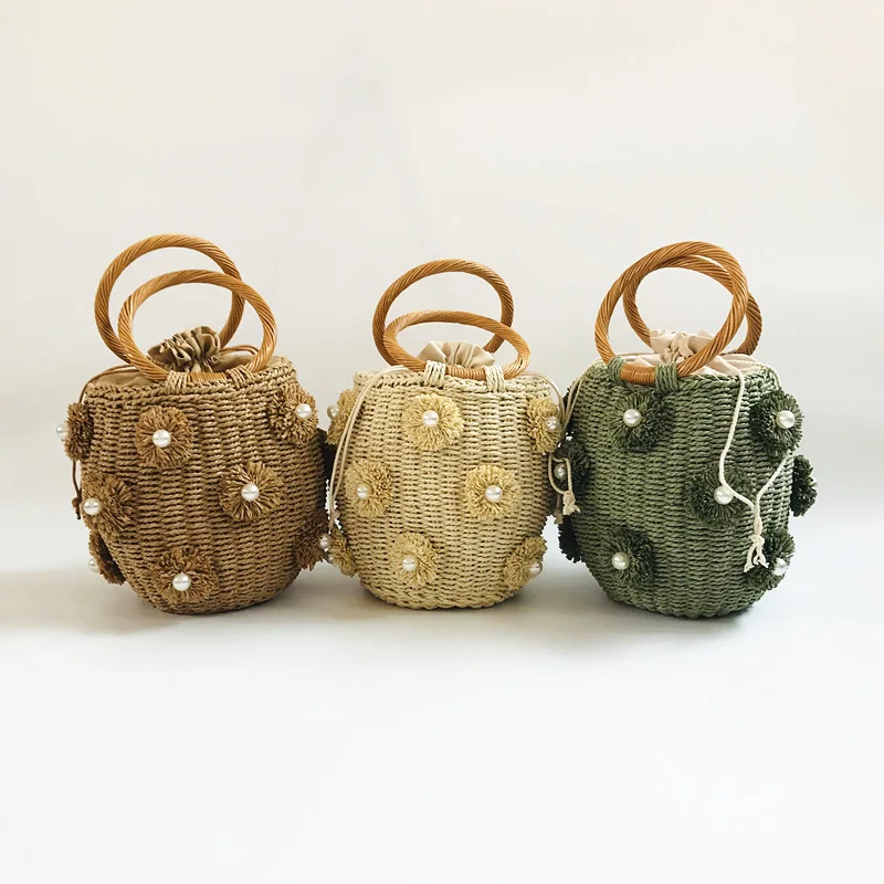 Aesthetic Rattan Bags With Artificial Pearl Decoration Women Bag Woven Straw Bag Portable Mini Basket Bag Eco bag Beach Handbag