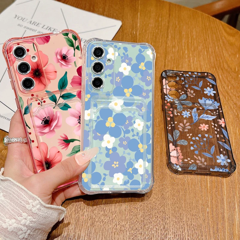 Фото Чехол для телефона из ТПУ с карманом для карт для Samsung Galaxy S26 S25 S24 Ultra S23 S25 FE A57 A37 A17 A56 A55 A16 A54, синий, с цветочным принтом №5