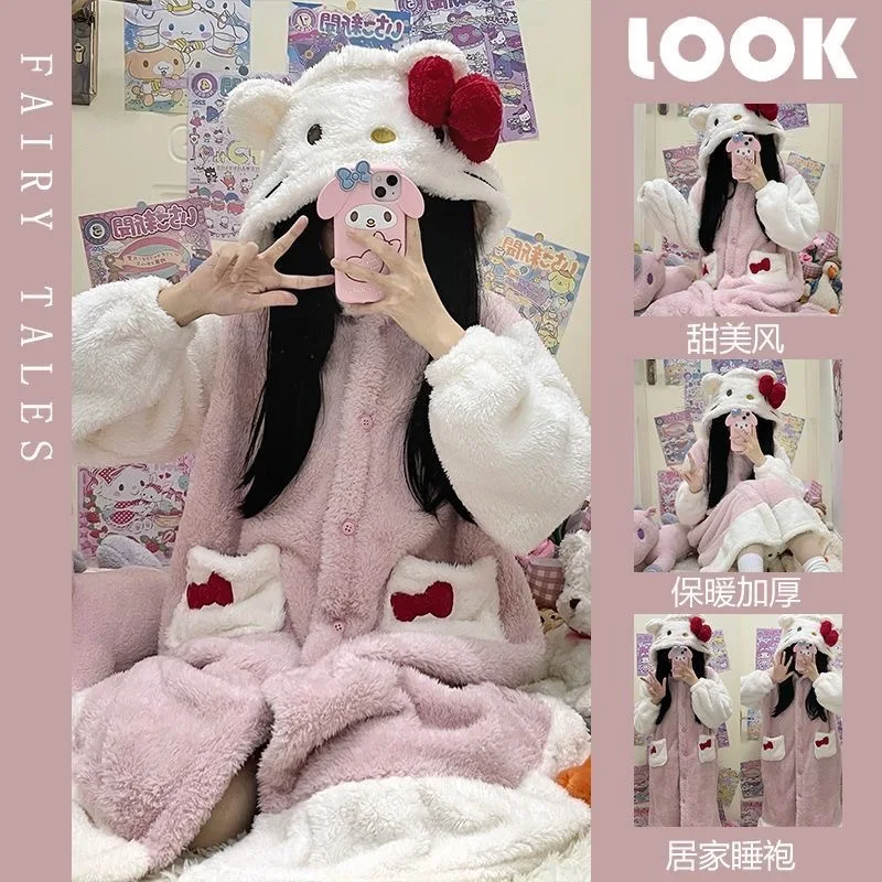 Kawaii Hello Kitty коралловый флисовый пижамный халат костюм Sanrio аниме плюшевая домашняя