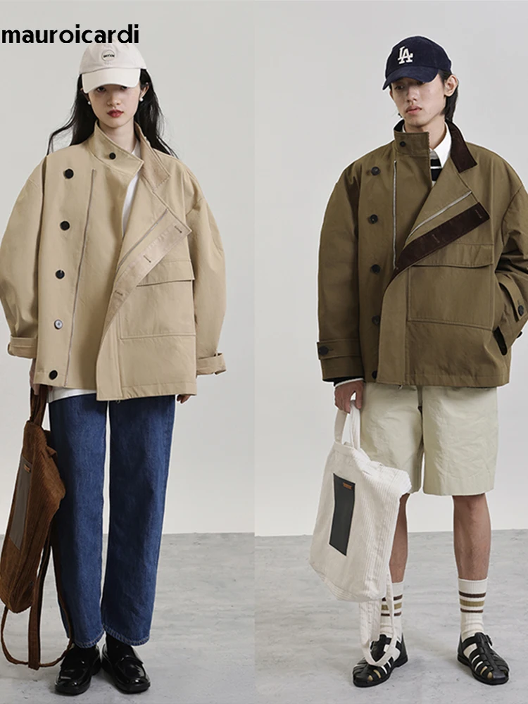 

Mauroicardi Autumn Oversized Cool Stylish Cotton Trench Coat Men Zipper Long Sleeve Luxury Designer Unisex Clothing Women 2022