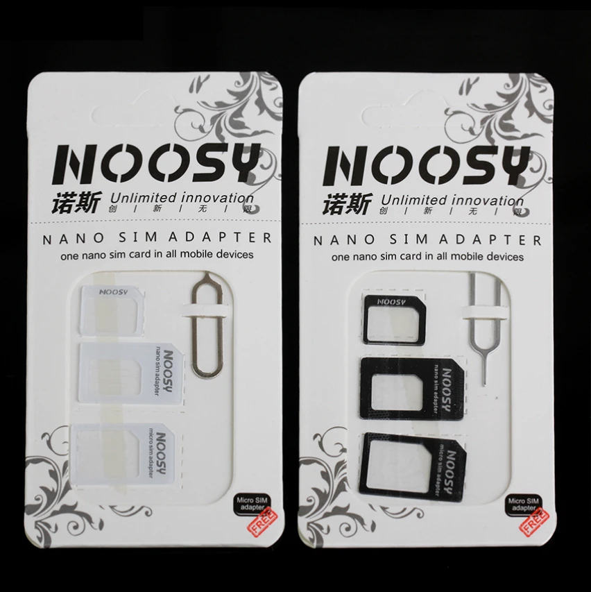 Noosy Nano 4 in 1 Micro SIM Card Adapter Connector Holder Kit for IPhone Samsung Mobile Phone with Eject Pin Key Retail Package