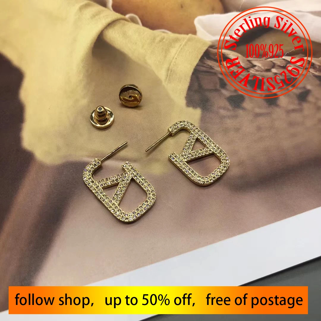 

S925 Sterling Silver Gold Zircon Alphabet Earrings, Classic Fashion, Luxury Jewelry, Birthday Gift