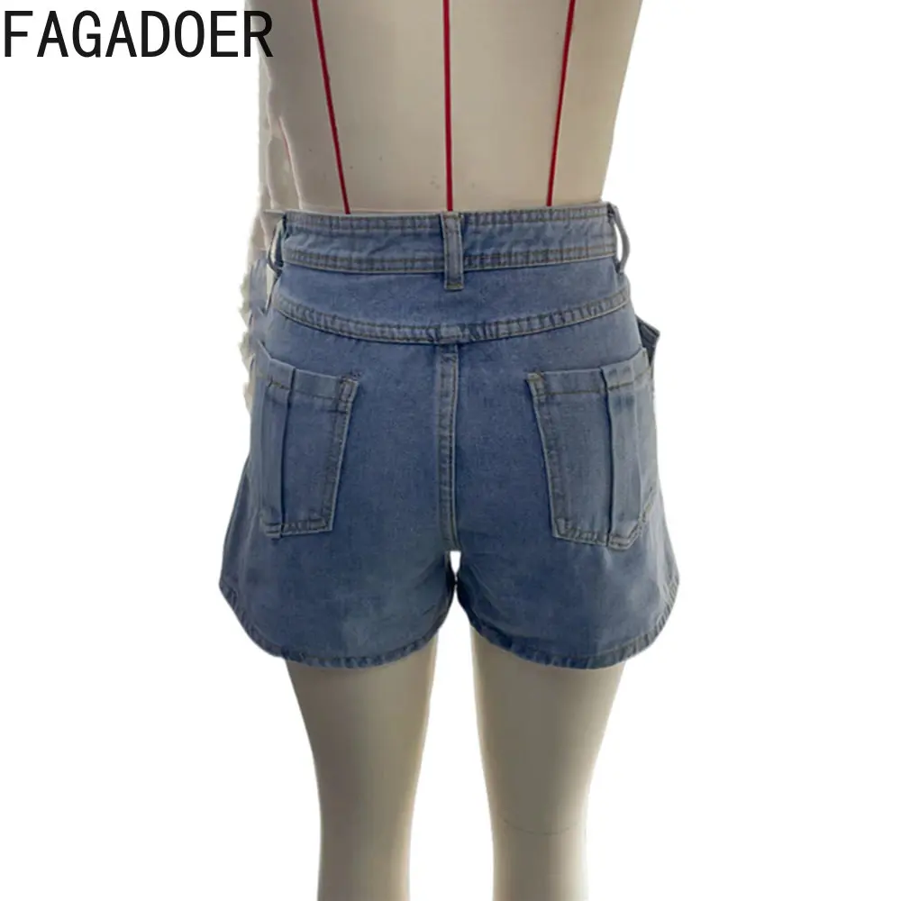 FAGADOER Fashion Streetwear Women High Waisted Irregular Shorts Casual Female Denim Shorts Blue Summer Pocket Clothing Bottoms