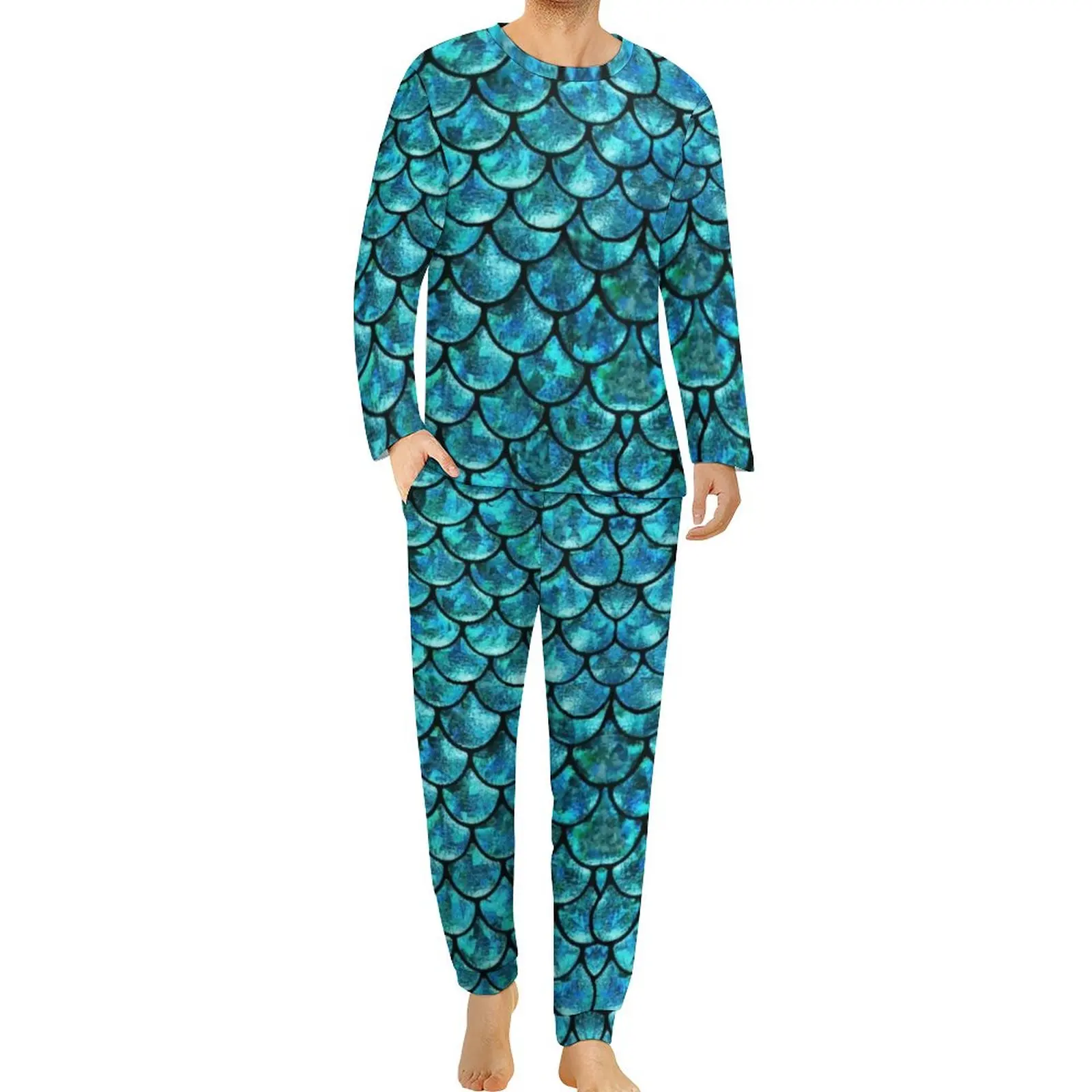 Mermaid Scales Pajamas Spring Animal Print Leisure Home Suit Mens 2 Pieces Custom Long-Sleeve Retro Oversized Pajama Sets
