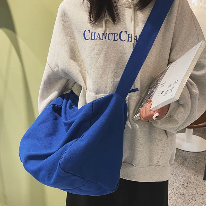

Women Large Capacity Canvas Bag Female Student Bag Solid Color Shoulder Women Messenger Bag Wide Shoulder Straps Square Bag INS