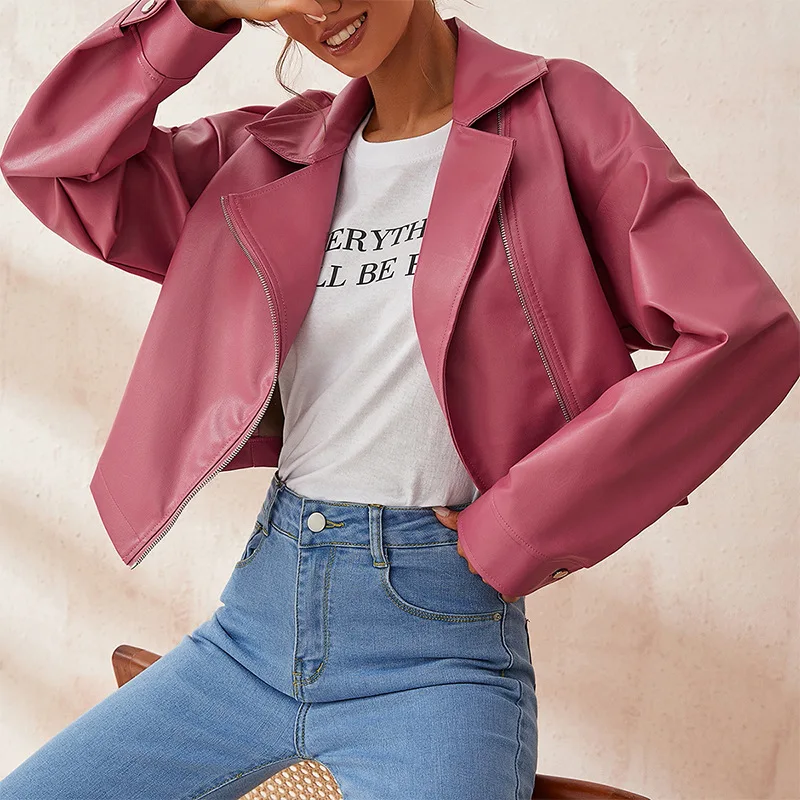 Women's Fashion Spring Autumn Leather Coat Pink Faux Leather  Zipper  Winter Coat Women Solid  Pu Faux Leather Biker Zipper Moto