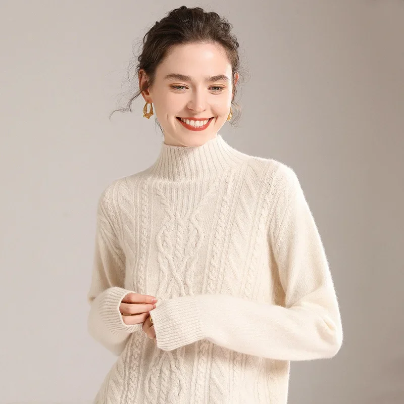 Женский модный утолщенный свитер с высоким воротником до половины поло вязаный