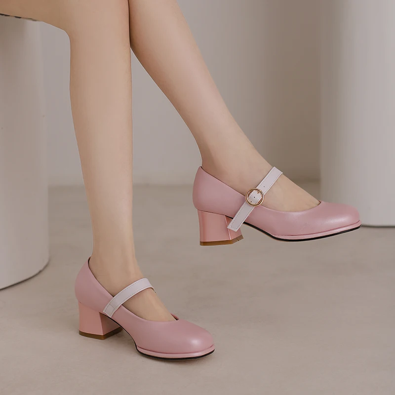Women PU Leather Classic Mary Janes  Shoes Chuncky Heel  Round Buckle Retro Handmade Pumps Red Pink Black White Plus Size 48