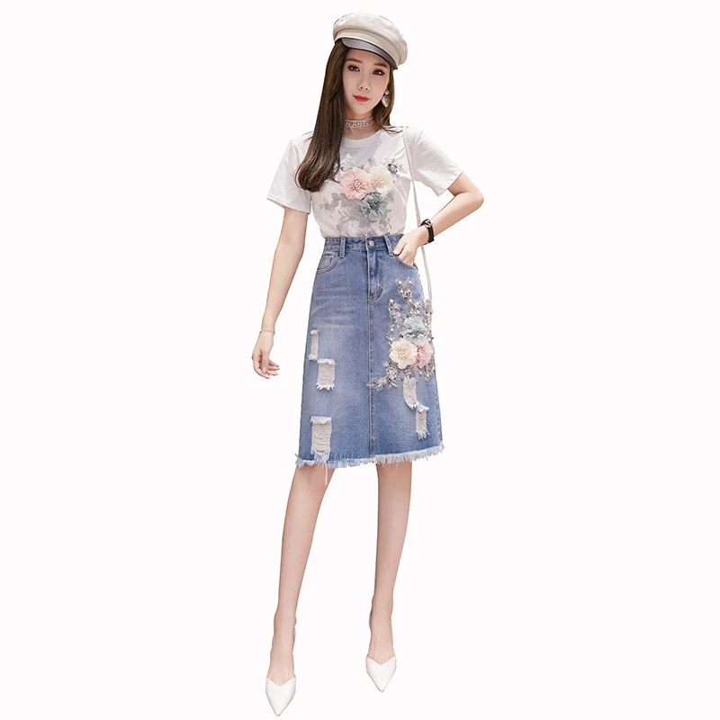 

Women Heavy Work Embroidery 3D Flower Tshirts + Jeans Skirt 2pcs Clothing Sets Summer Casual Package Hip Denim Skirts Suits