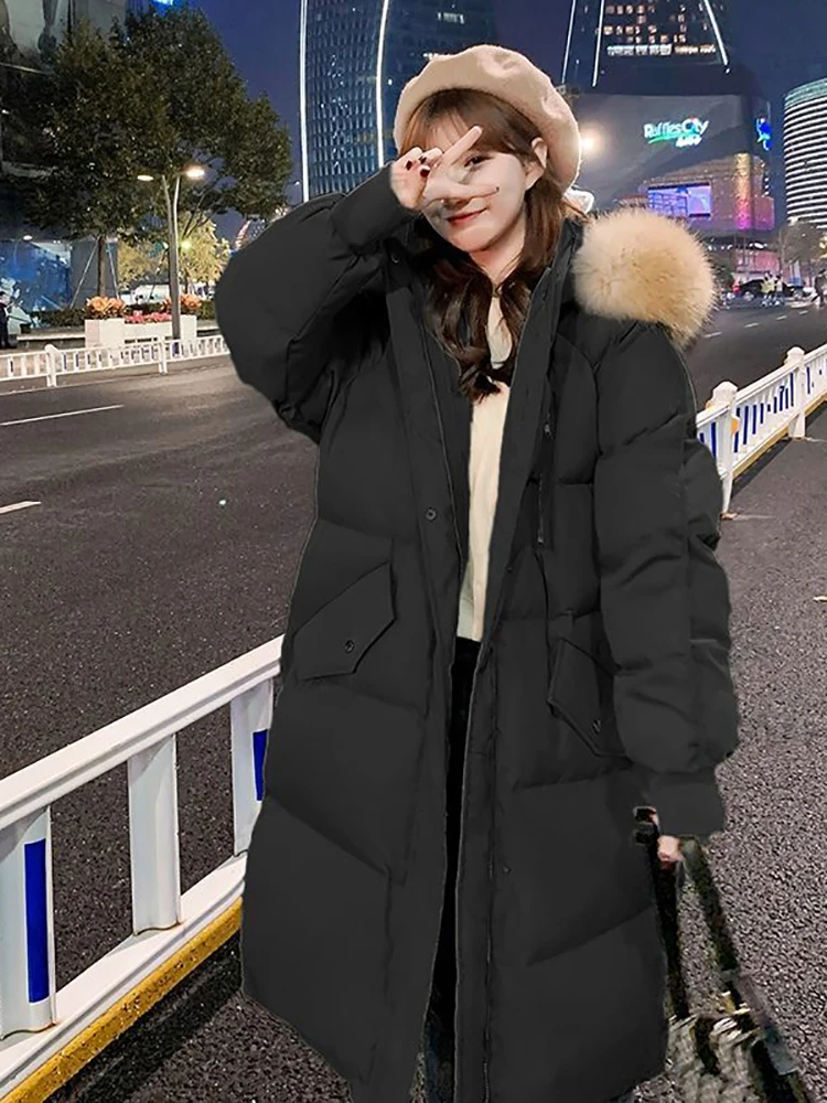 Women's Winter Long Down Cotton Jacket Korean Stye Large Fur Collar Hooded Thick Parkas Warm Loose Clothing Women Coat 2022