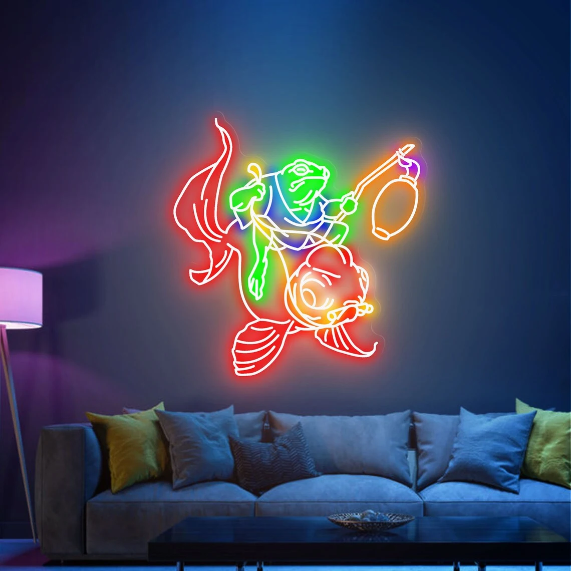 Неоновый знак лягушка для верховой езды рыба кои персонализированная аниме