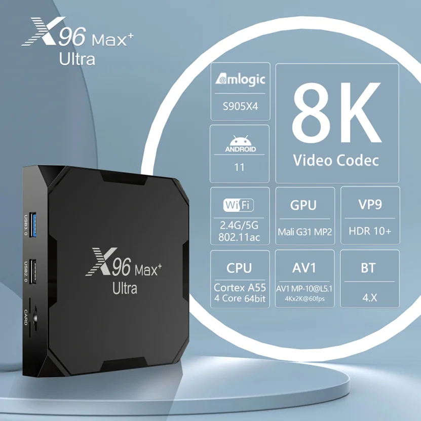 Фото ТВ-приставка Android 11 X96 Max Plus Ultra с процессором Amlogic S905X4, графическим процессором Mali-G31 MP2, поддержкой 8K, Wi-Fi, Bluetooth, для интернет-телевидения. №2