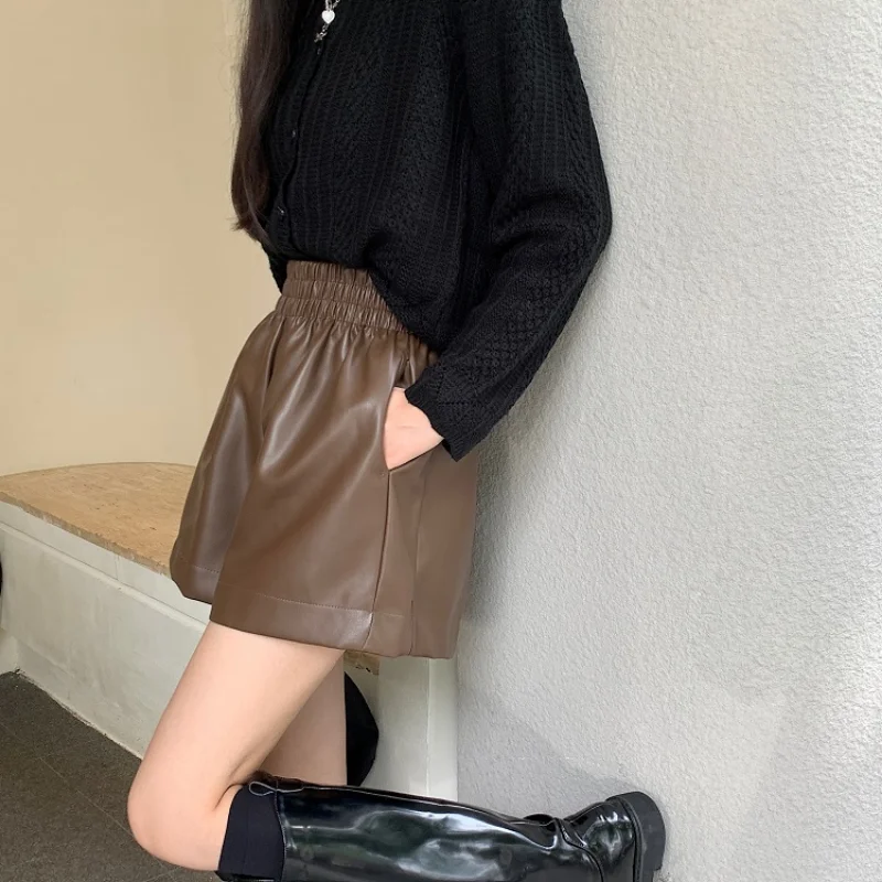 Brown PU Leather Shorts for Women Elastic Waist  A Line Wide Leg Pants Vintage Casual Bottoms Female Korean Style Clothing