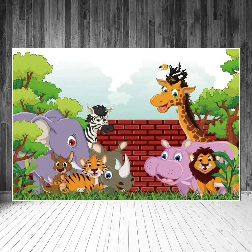 

Baby Park Jungle Animals Birthday Photography Backdrops Children Red Brick Wall Zoo Giraffe Parrot Lions Hippo Photo Backgrounds