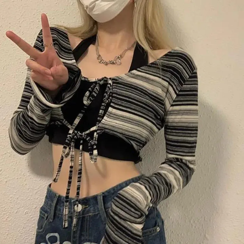 

Women's T-shirt Short Slim Top Long Sleeves Stripes Irregular Cardigan Y2k Top Casual All-match Shirt Fashion Street Wear